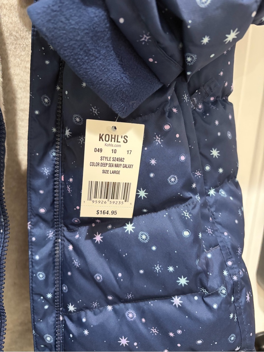 Lands' End Deep Sea Navy Galaxy Print Puffer Coat with Faux-Fur Trim, NWT, Large - Picture 4 of 9